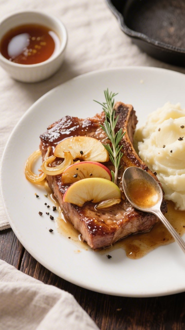 Final plated top view: Skillet Apple Glazed Pork Chops served on a matte white dinner plate, chop to