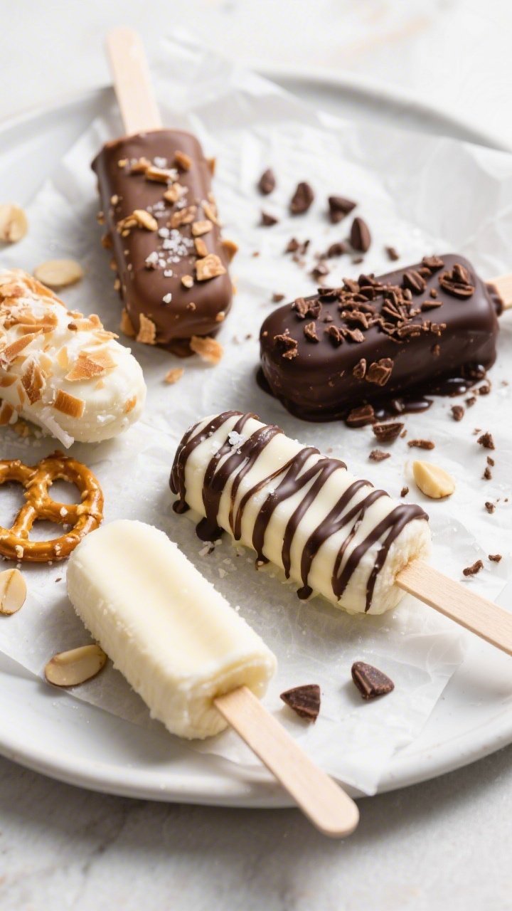 Final presentation overhead: An top-down spread of fully set frozen banana pops arranged on a white 
