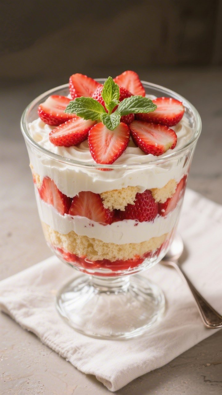 Final presentation overhead: Fully assembled Easy Strawberry Angel Food Cake Trifle in a classic gla