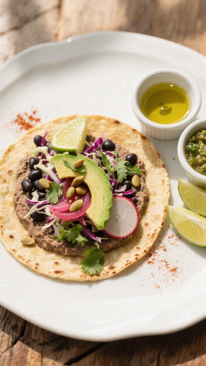 Final taco presentation, overhead: Top-down shot of warm corn tortillas spread with the creamy black