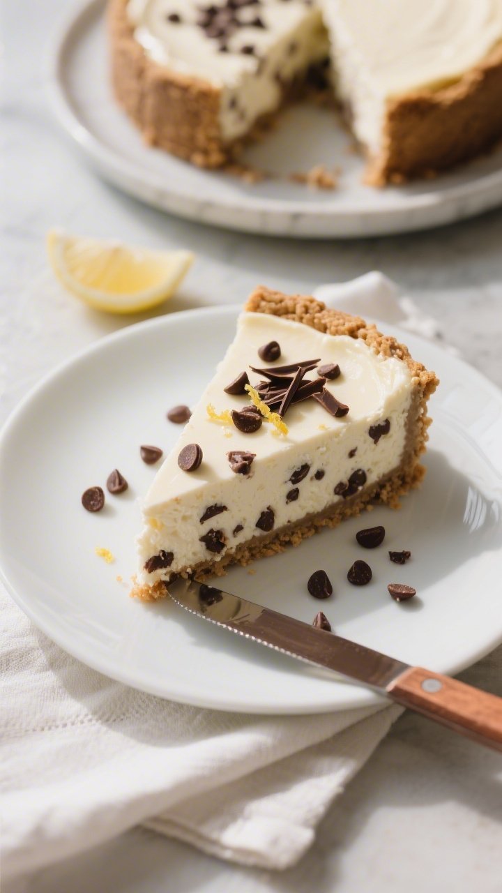 Overhead final presentation of a chilled chocolate chip ricotta cheesecake slice on a matte white pl