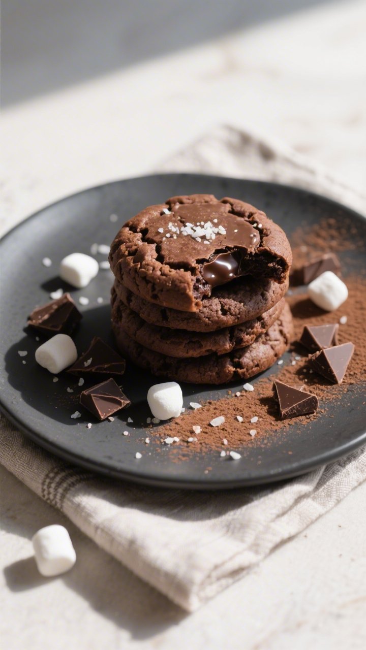 Overhead final presentation of a small stack of Double Chocolate Hot Cocoa Cookies on a matte charco