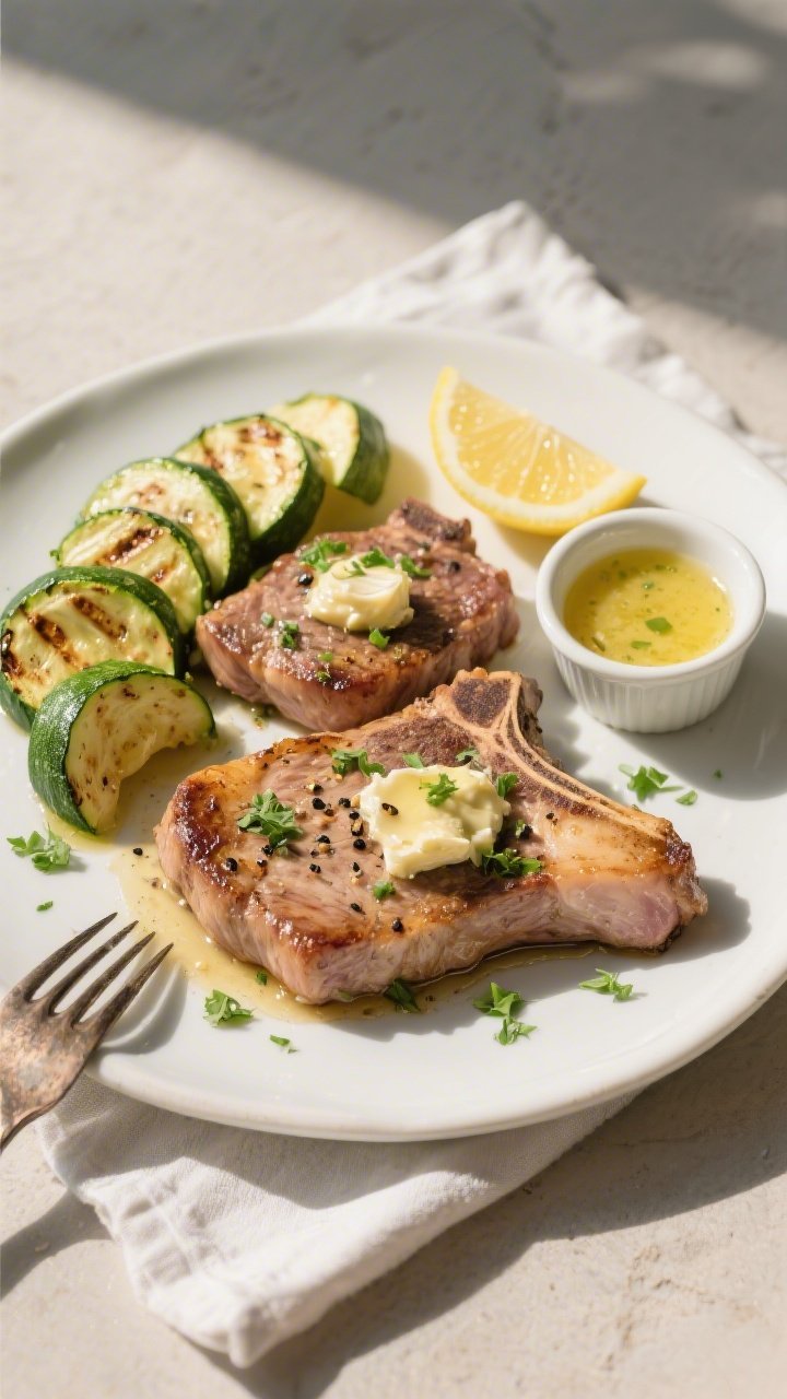 Overhead final presentation of Keto Garlic Butter Pork Chops with Zucchini on a matte white plate: t