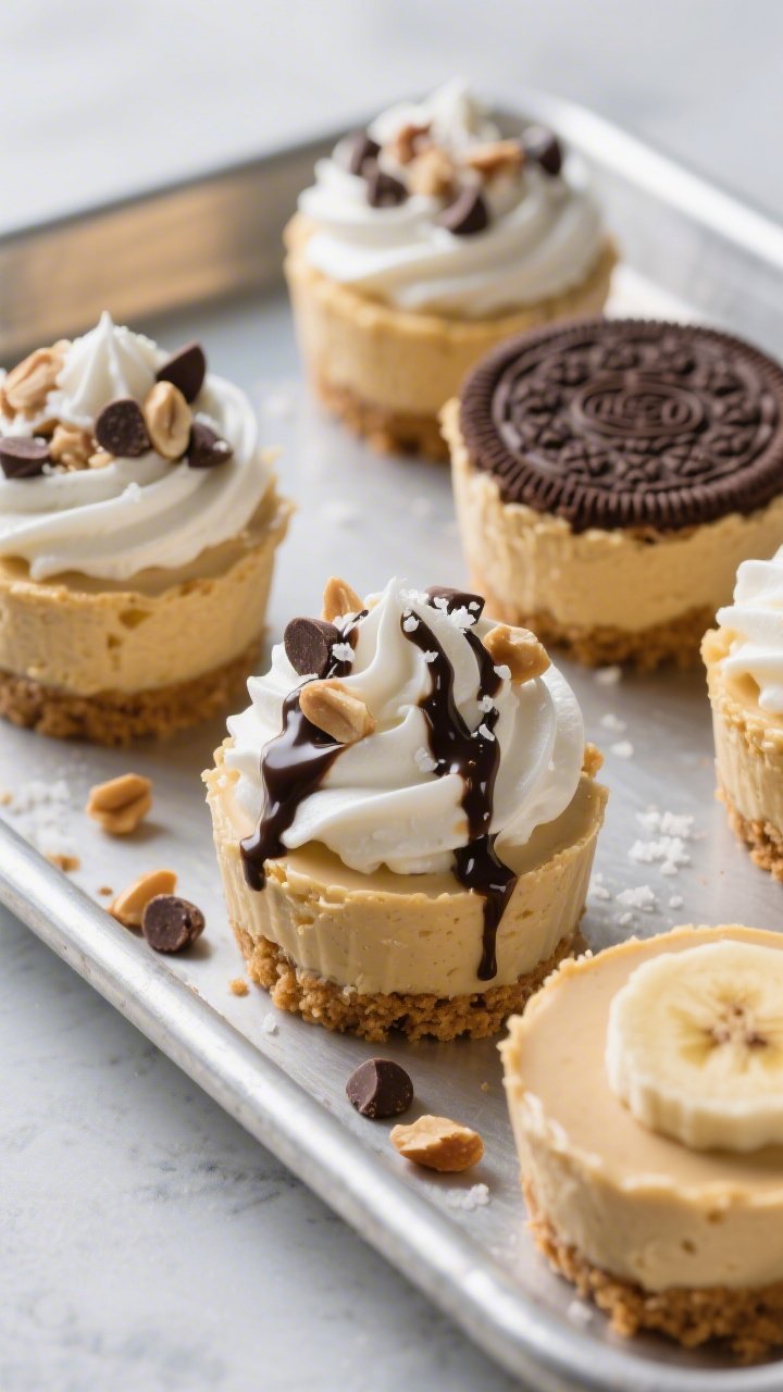 Overhead final presentation of multiple no-bake peanut butter cheesecake cups on a rimmed tray: unif