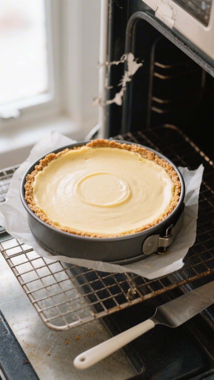 Overhead shot of a freshly baked lemon ricotta cheesecake just out of the oven, edges set with a sub