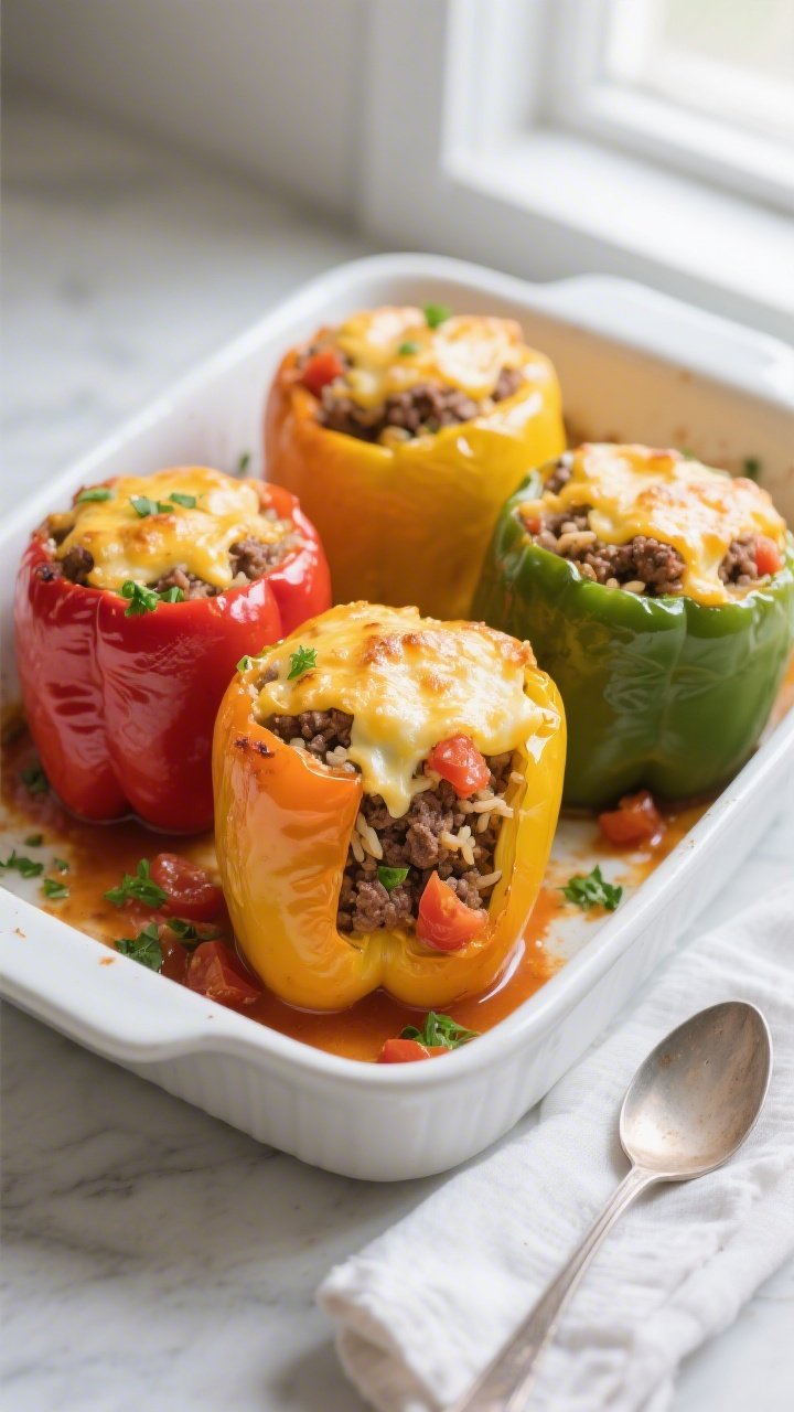 Overhead shot of baked beef mince stuffed peppers just out of the oven, four colorful bell peppers (