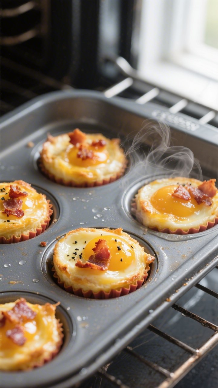 Overhead shot of freshly baked Bacon & Gruyere egg bites still in a silicone muffin pan set inside a