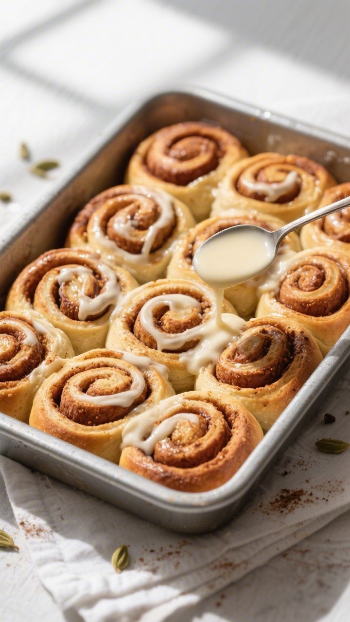 Overhead shot of freshly baked chai-spiced cinnamon rolls in a 9x13 metal pan, lightly golden tops, 