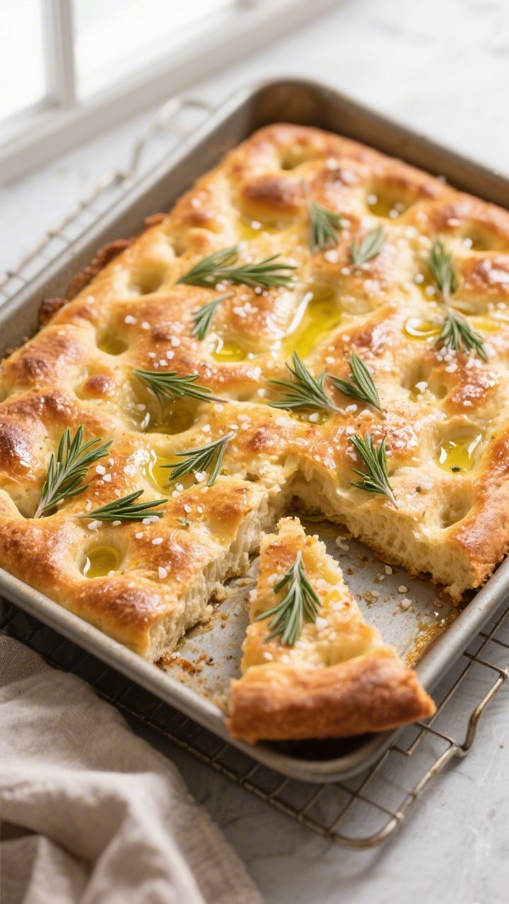 Overhead shot of freshly baked rosemary & olive oil sourdough focaccia just out of the oven in a 9x1
