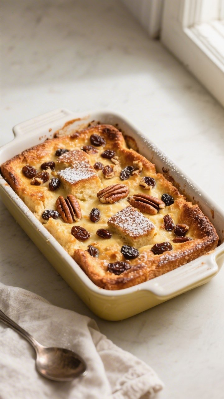 Overhead shot of freshly baked Southern bread pudding resting in a buttered 9x13 baking dish just ou