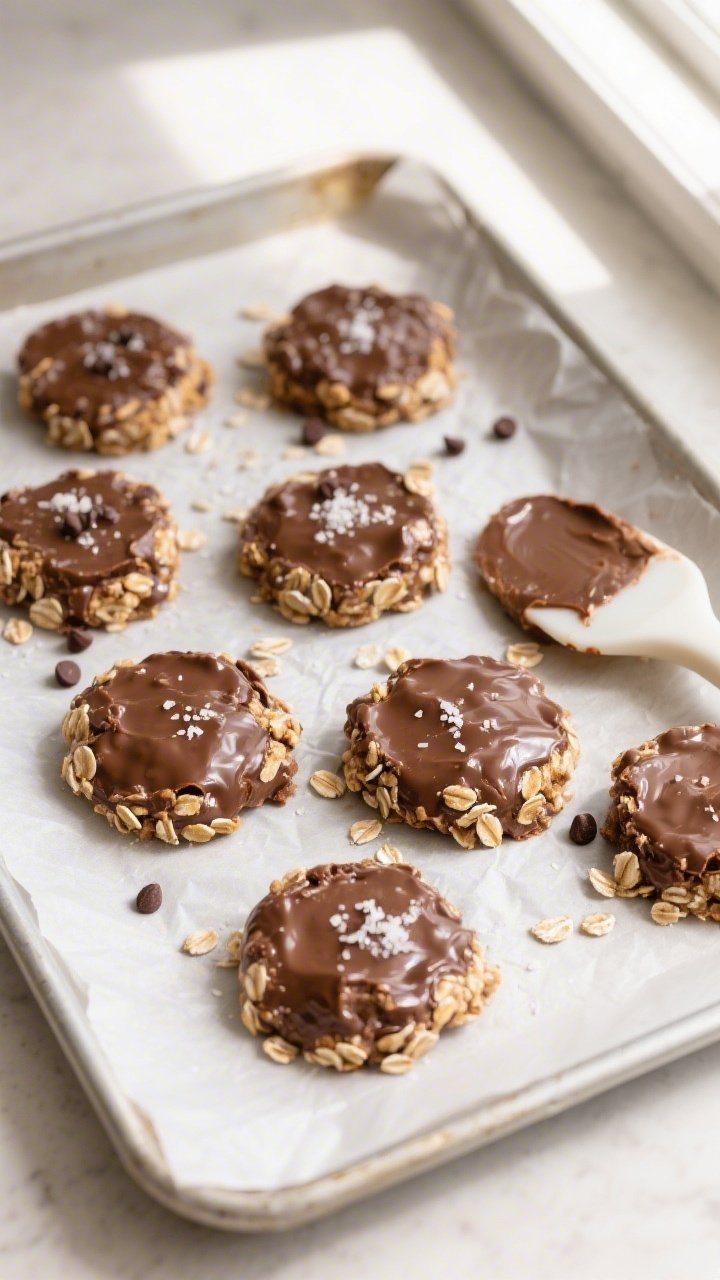 Overhead shot of freshly scooped Peanut Butter Chocolate No-Bake Cookies setting on parchment-lined