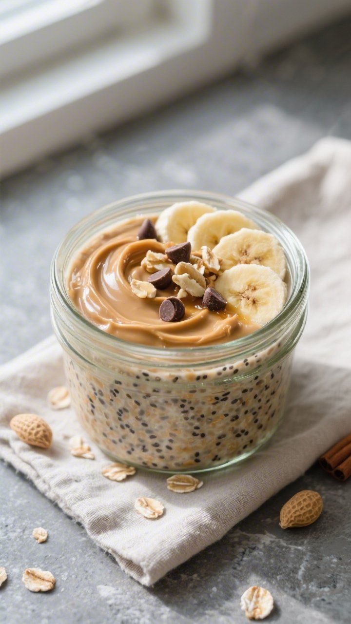 Overhead shot of prepared peanut butter banana overnight oats just after the morning stir, thick and