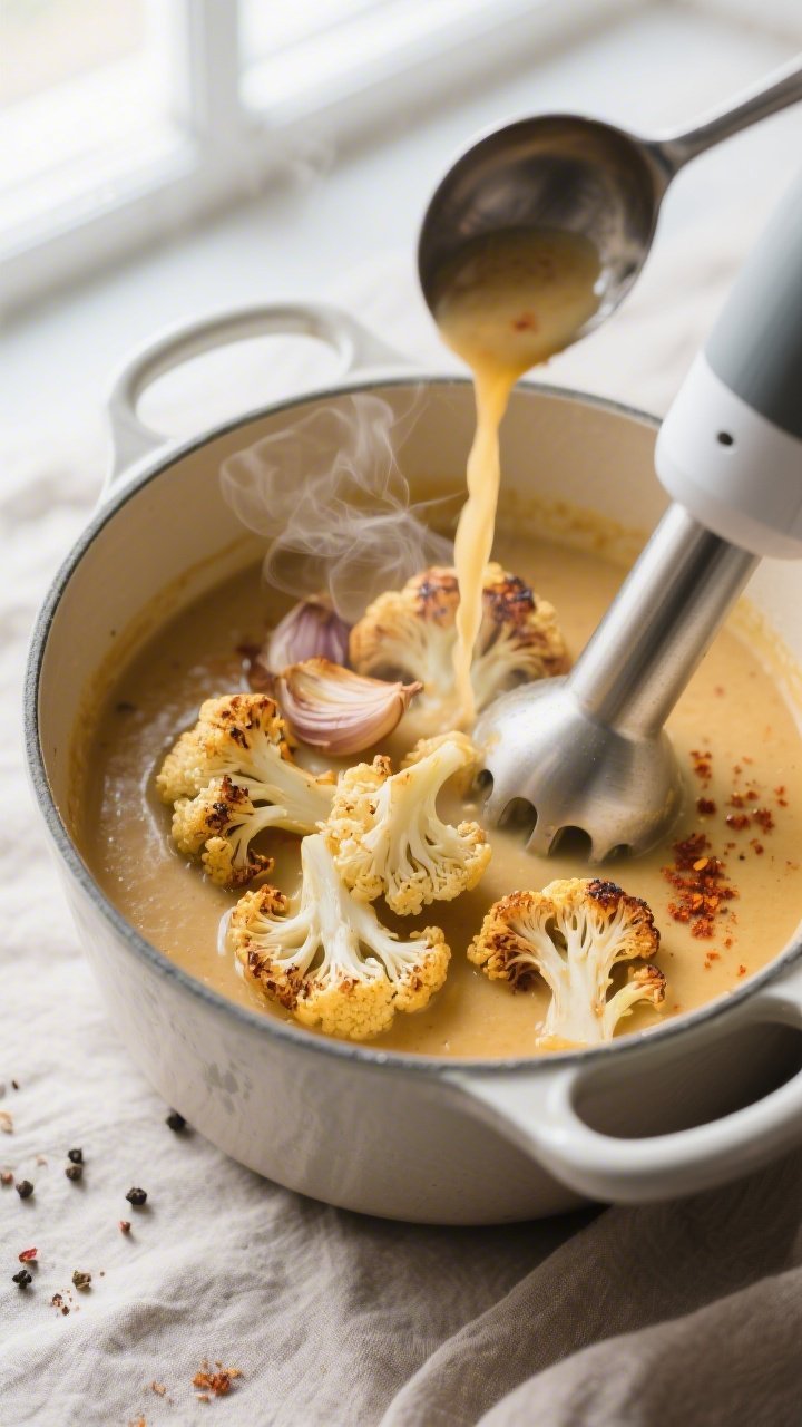 Overhead shot of roasted cauliflower soup being blended silky-smooth with an immersion blender in a 