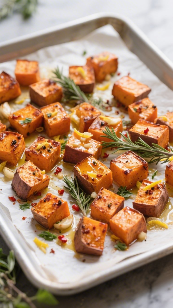 Overhead shot of roasted sweet potato cubes on a parchment-lined sheet pan just after flipping: deep