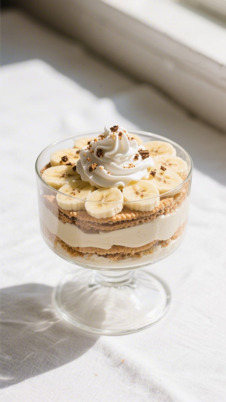 Overhead shot of Rodney Scott’s banana pudding layered in a clear trifle bowl, showing distinct st