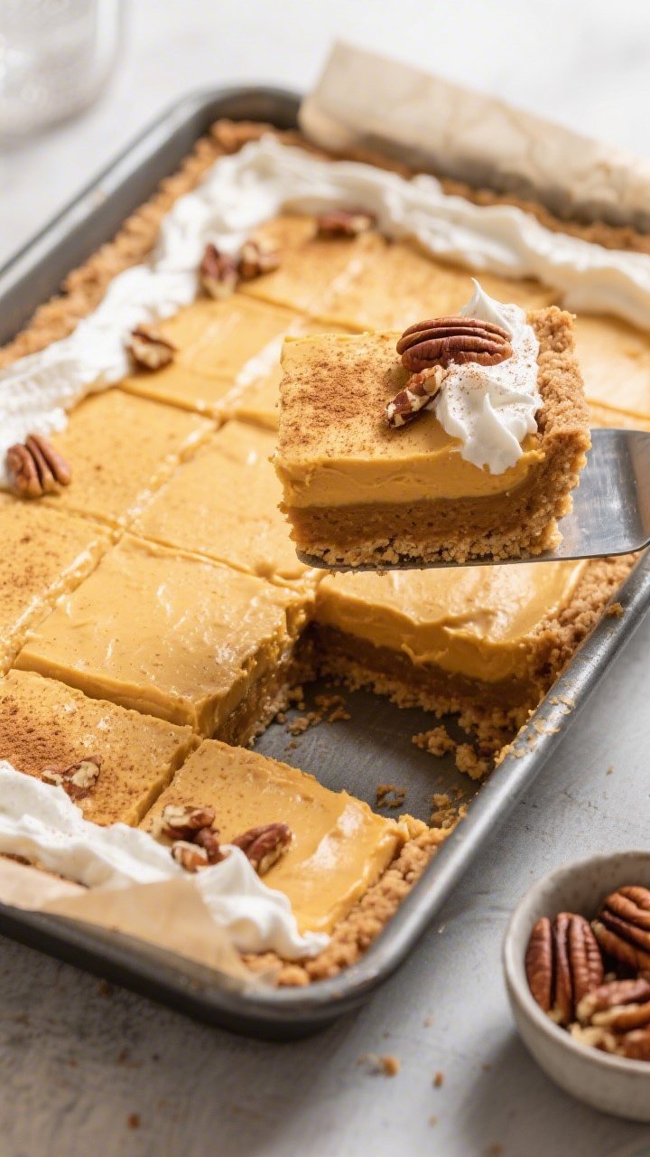 Overhead shot of the finished Classic Pumpkin Delight sliced into neat squares in a 9x13 pan, showin