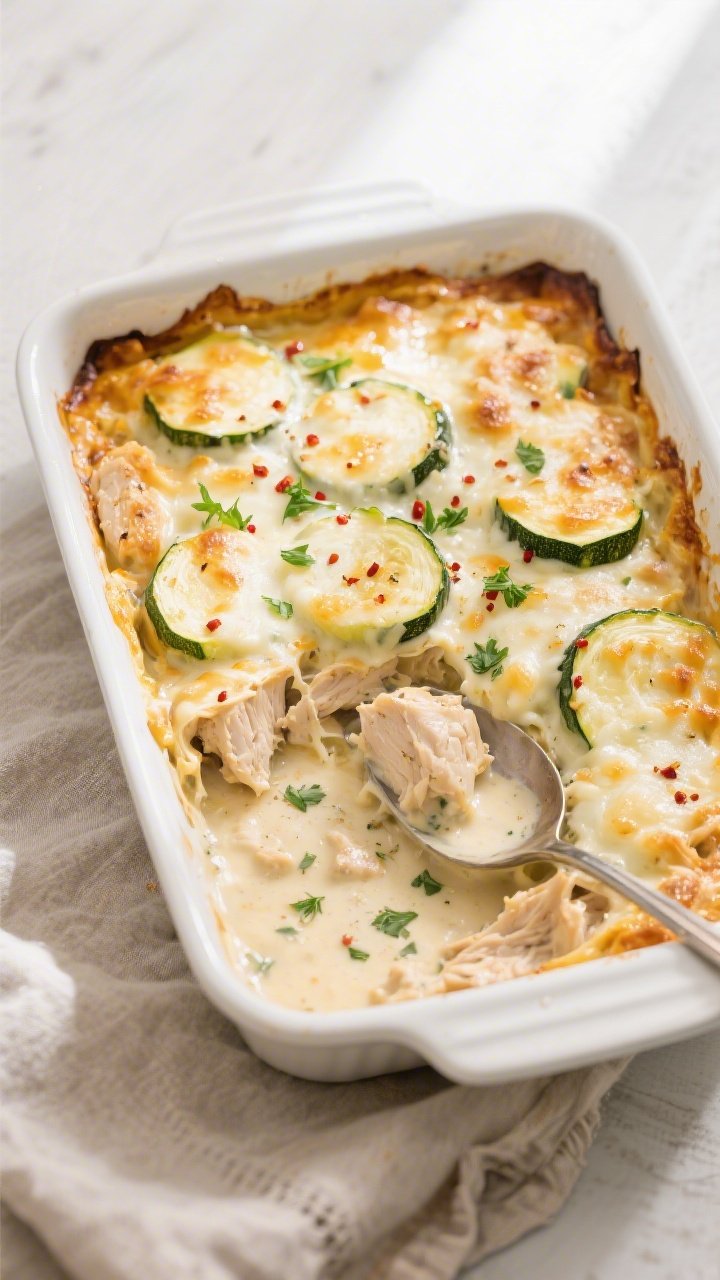 Overhead shot of the Low-Carb Chicken Zucchini Bake just out of the oven, cheese melted and lightly 