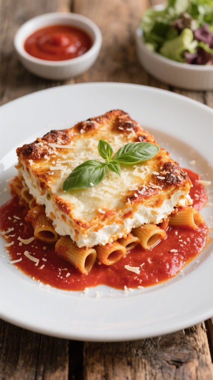 Overhead “tasty top view” of a plated serving of Baked Ziti with Three Cheeses on a matte white 