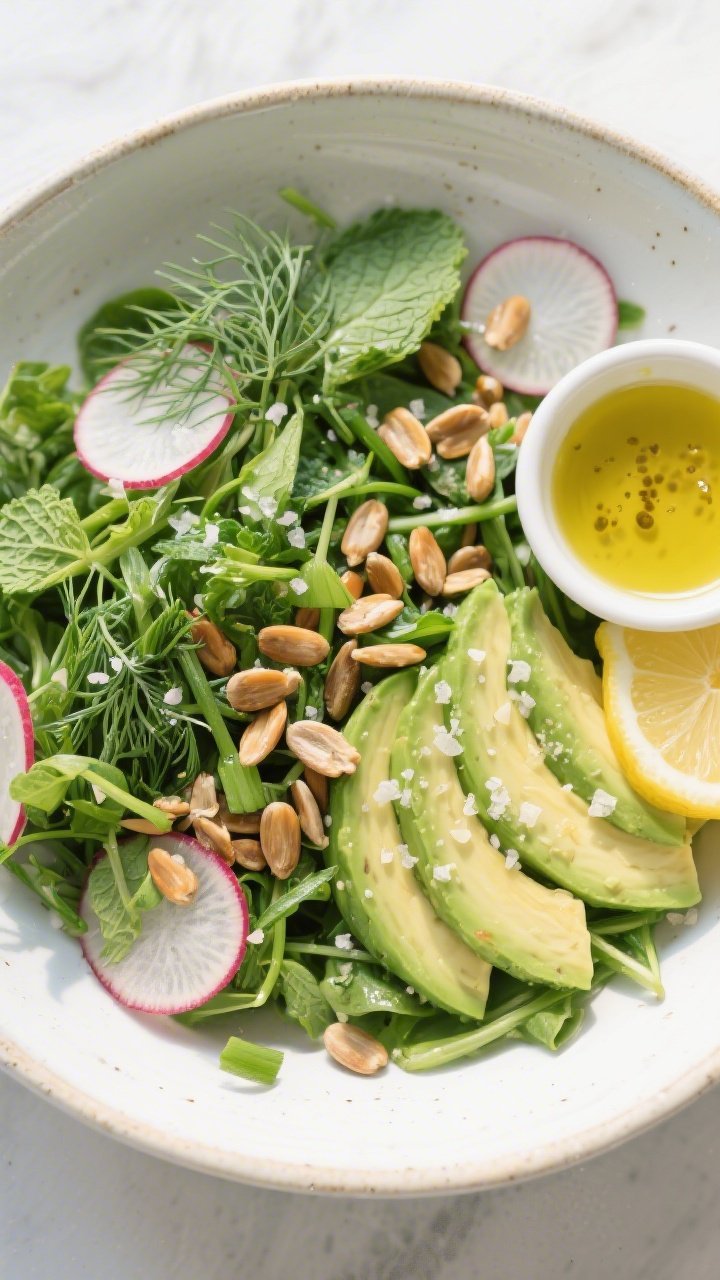 Tasty top view, final presentation: Overhead shot of the fully plated Fresh Spring Green Salad in a 