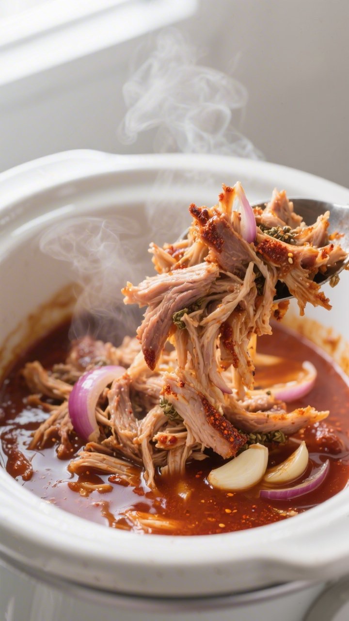 Close-up detail and cooking process: Shredded crockpot pulled pork being tossed back into its flavor