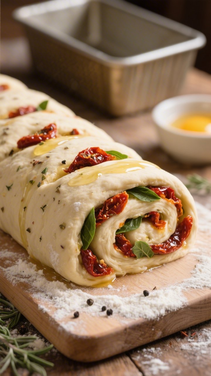 Close-up detail, cooking process: Sun-dried tomato bread dough mid-knead after first rise, being gen