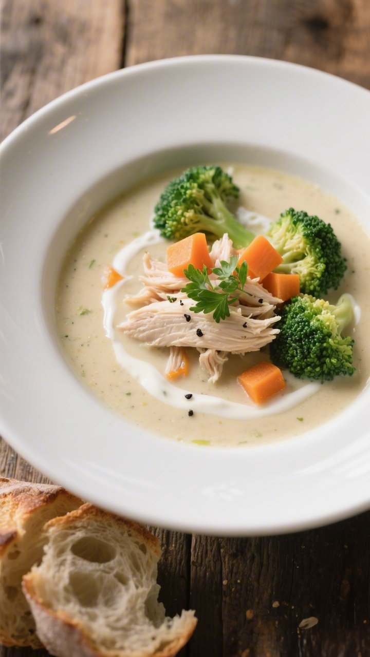 Close-up detail of a final plated bowl of creamy chicken broccoli soup, highlighting glossy, velvety