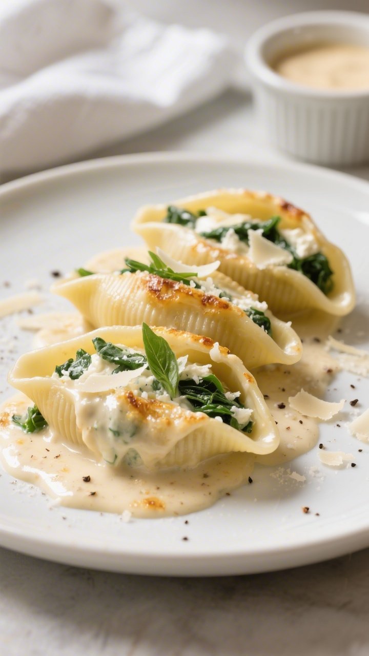 Close-up detail of a plated serving of 3 stuffed shells on a matte white plate: tender pasta shells