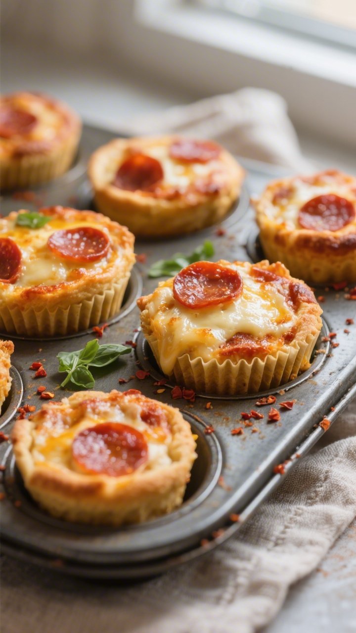 Close-up detail of freshly baked Mini Pepperoni Pizza Cakes just out of a muffin tin, cheese bubblin