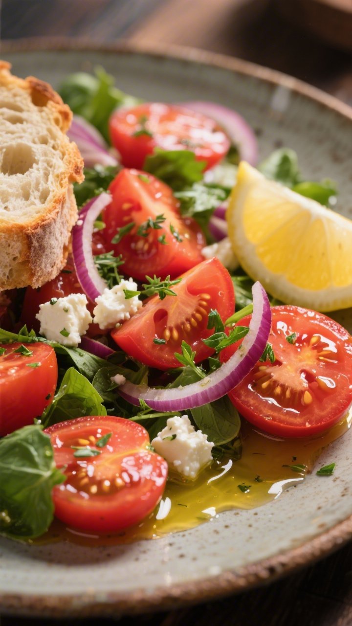 Close-up detail of the final plated salad on a rustic platter: ultra-juicy tomato pieces with visibl