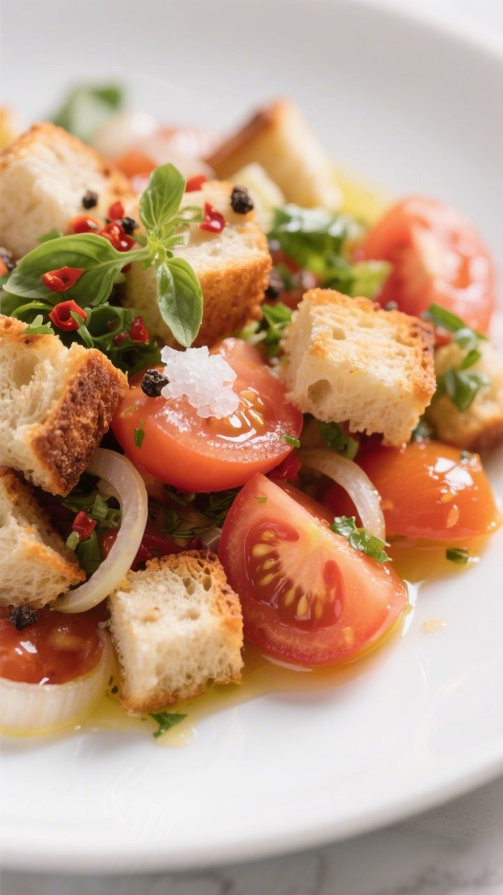 Close-up detail of the final plated salad served panzanella-style variation: toasted day-old bread c