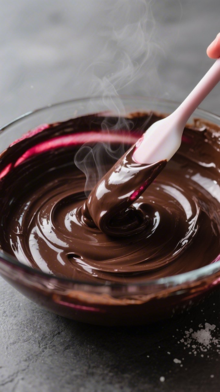 Close-up detail/process shot: Raspberry chocolate ganache being stirred to a glossy finish in a heat