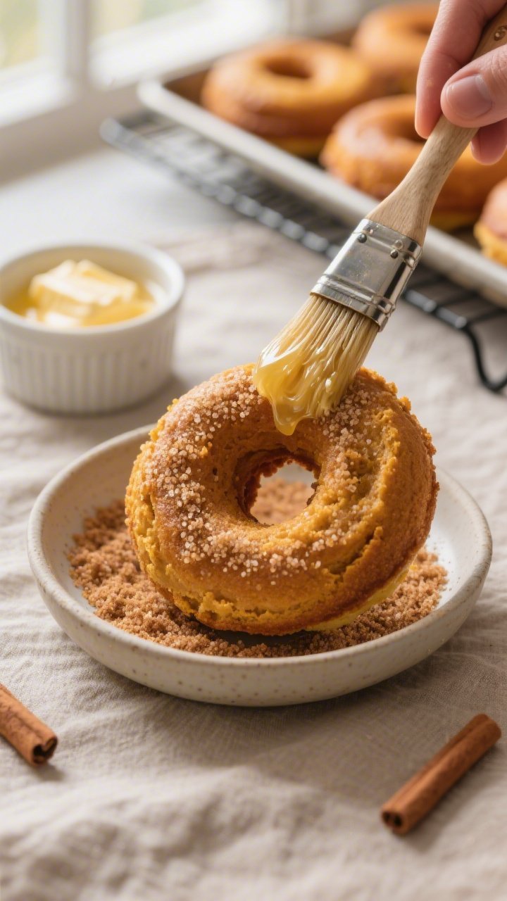 Close-up detail, process shot: Warm, freshly baked pumpkin cake donuts being brushed with melted but