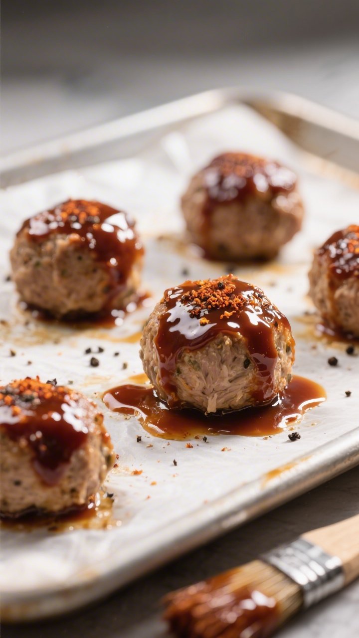 Close-up detail shot: BBQ-glazed turkey meatballs just out of the oven on a parchment-lined sheet pa