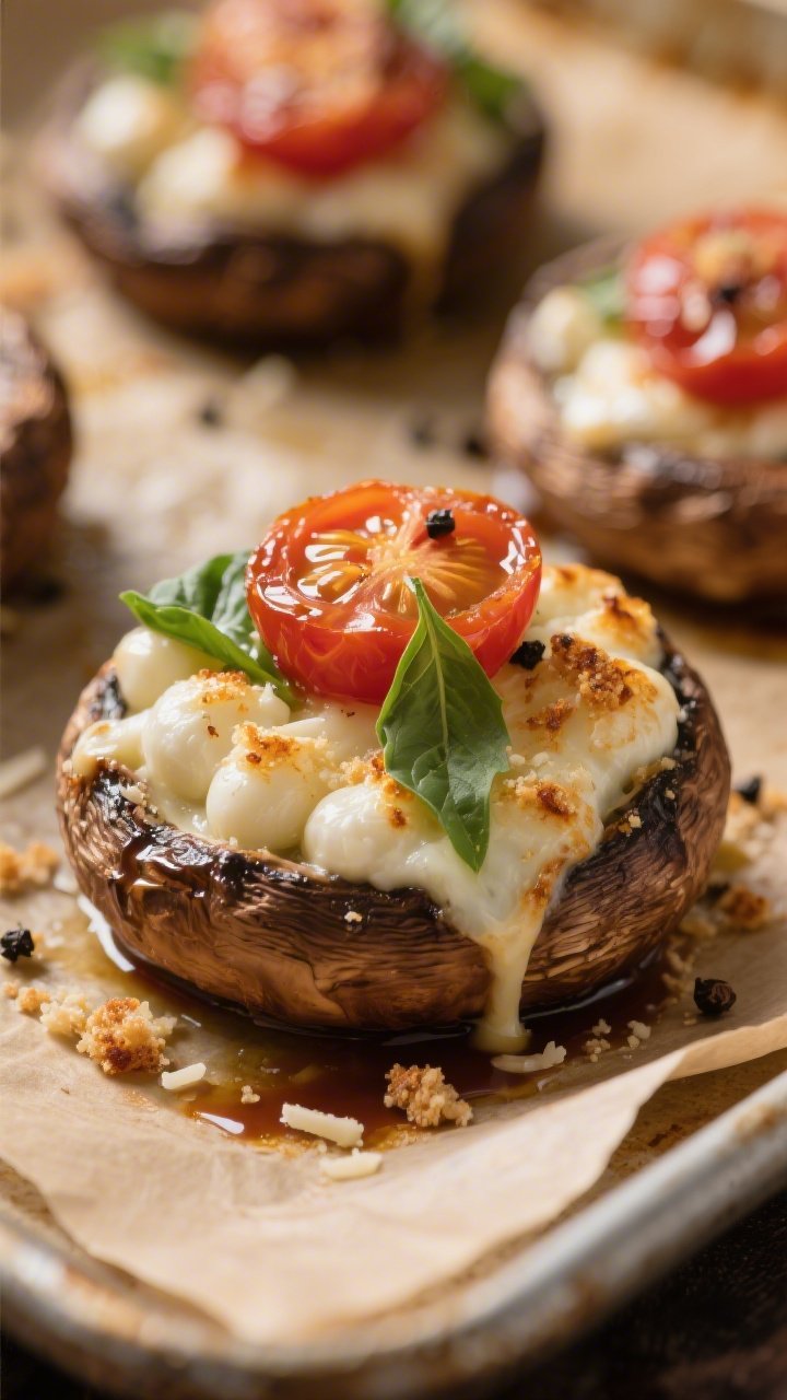 Close-up detail shot: Caprese stuffed mushrooms just out of the oven, mozzarella pearls melted and l