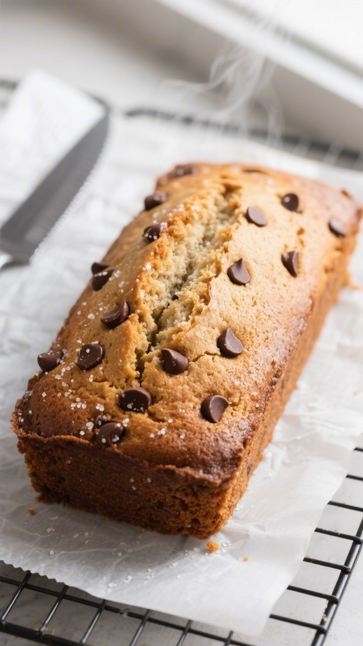 Close-up detail shot of a freshly baked Chocolate Chip Travel Cake loaf just out of the pan, resting