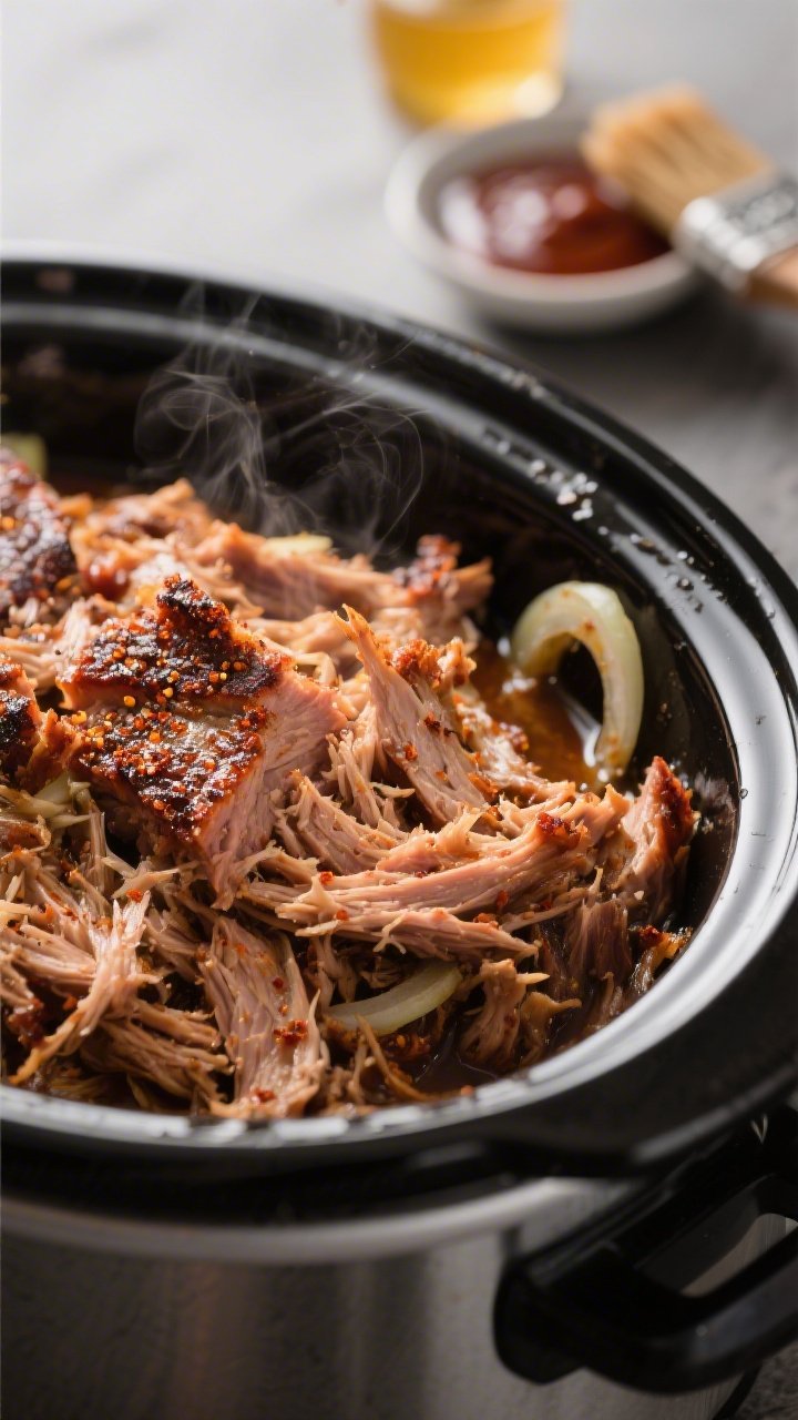Close-up detail shot: Shredded slow cooker pulled pork just after shredding and being tossed back wi