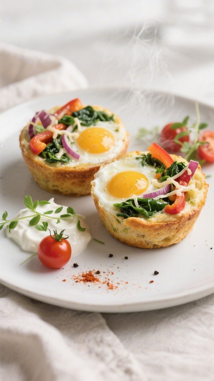 Close-up hero plate of two egg muffins with veggies sliced open to reveal tender, custardy egg inter
