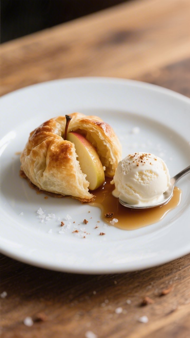 Close-up plated final serving of one apple dumpling split slightly to reveal tender baked apple wedg