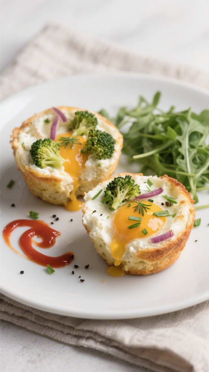 Close-up plated presentation of two cottage cheese egg muffins sliced open to reveal tender, fluffy