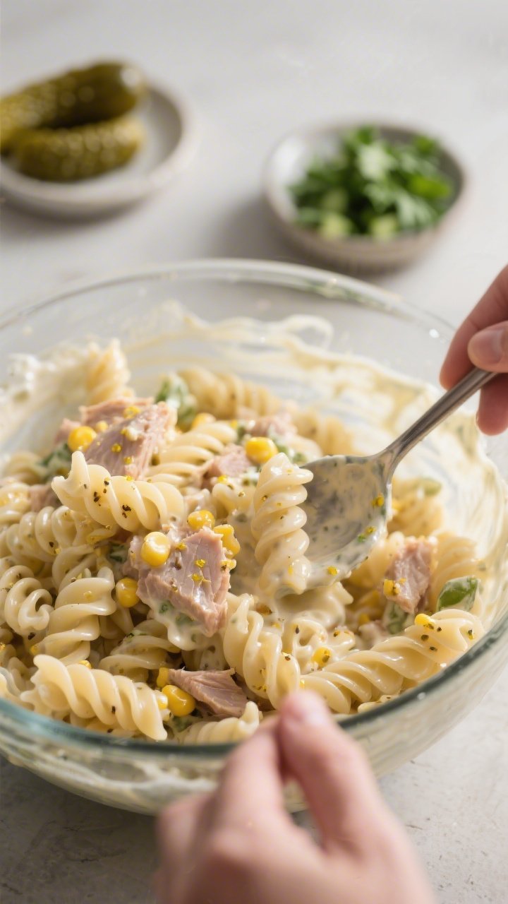 Close-up, process-focused detail of just-cooled al dente pasta being gently folded into the creamy d