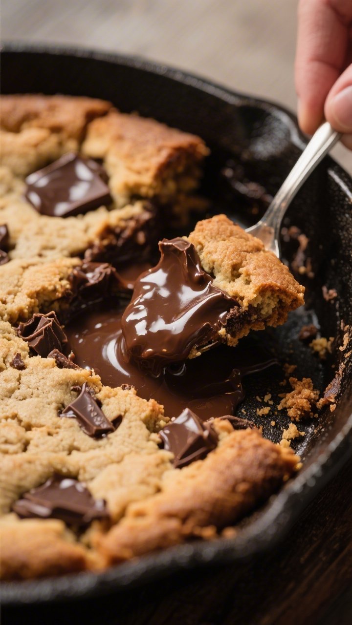 Close-up process shot of the baked pizookie just out of the oven, center still soft and molten as a