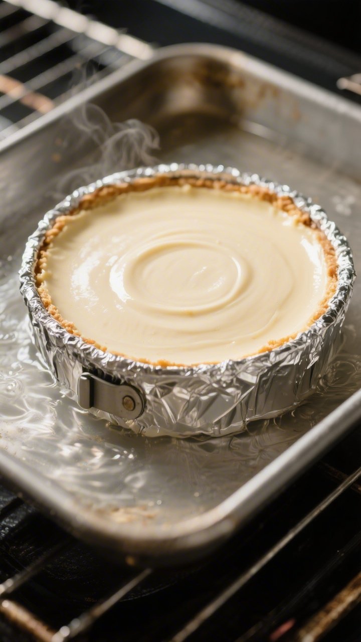 Close-up process shot of the cheesecake in the water bath at the moment it’s perfectly baked: the