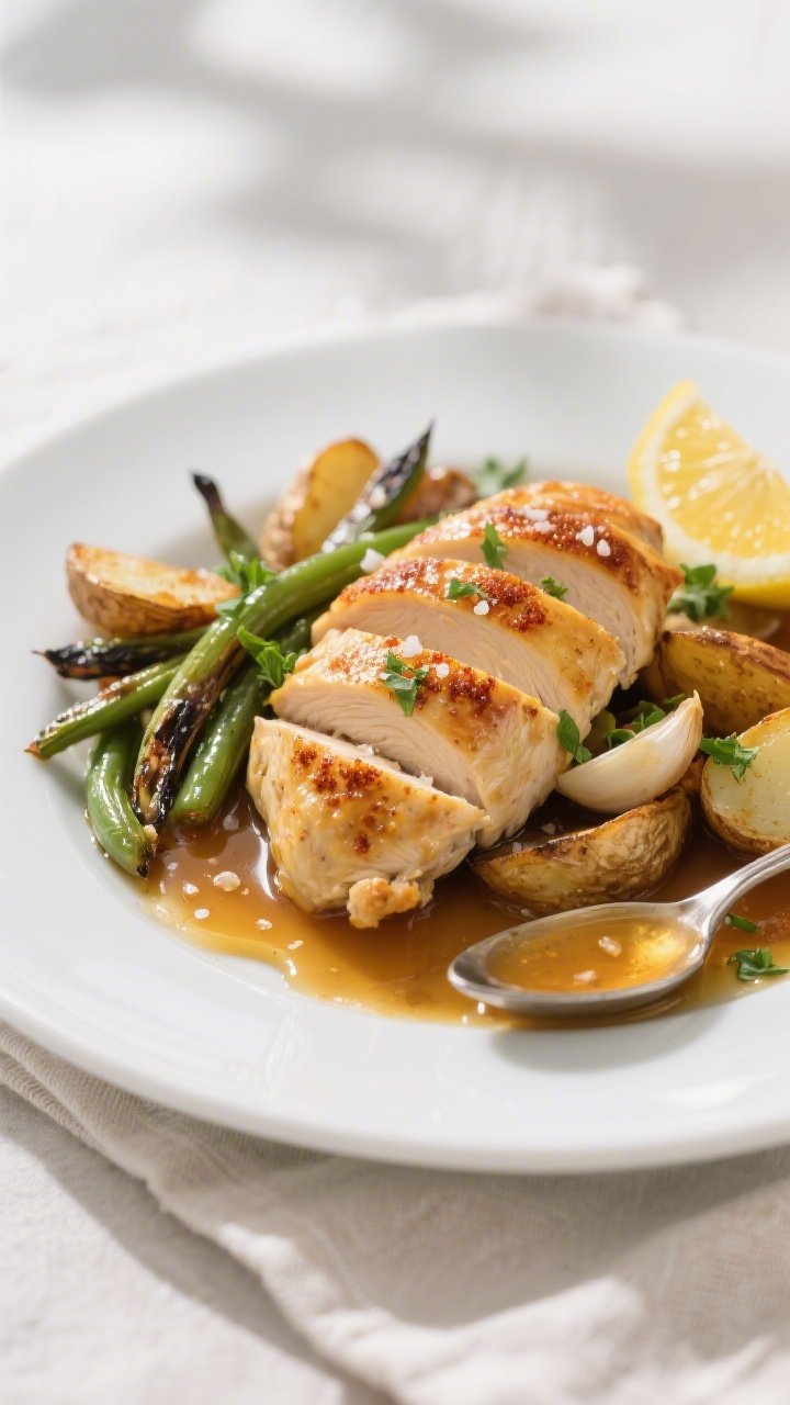 Close-up, shallow depth-of-field plate-up of baked honey mustard chicken breasts sliced on a bias to