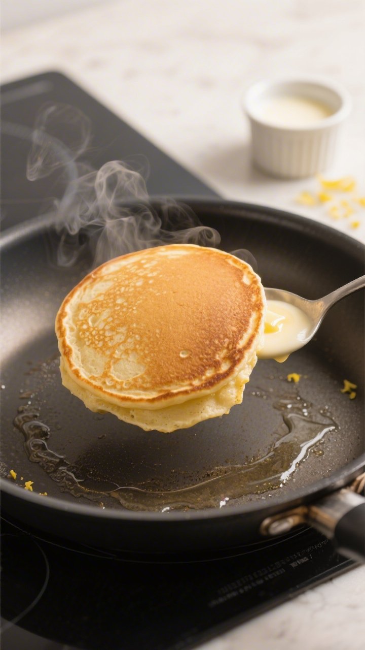 Cooking process close-up: A golden-brown pancake just flipped on a butter-greased nonstick griddle, 