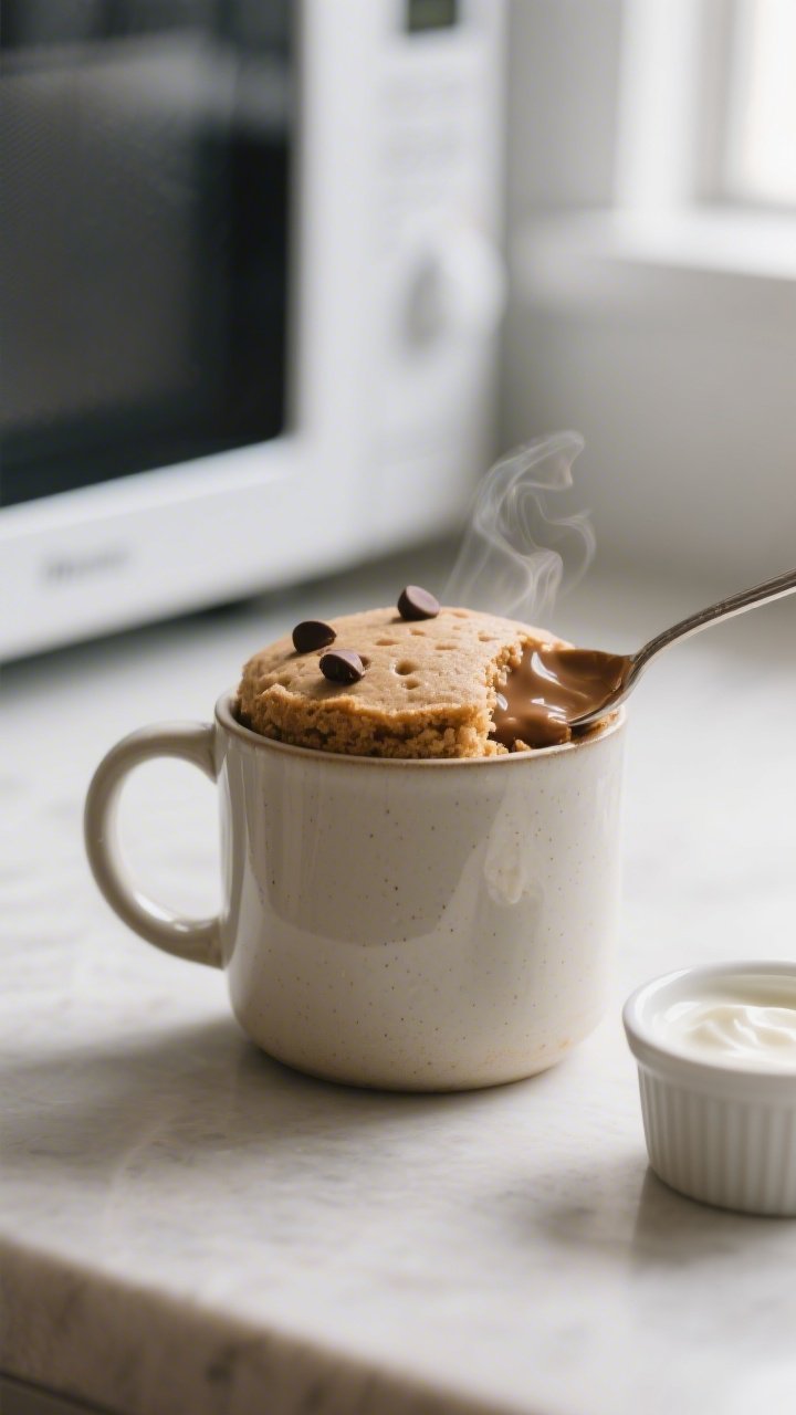 Cooking process close-up: A wide, 12-ounce ceramic mug in a clean, neutral-toned kitchen setting, fi
