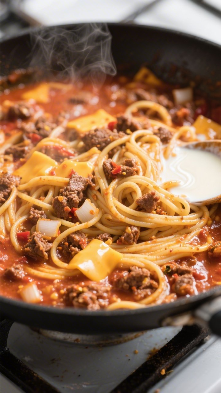 Cooking process close-up: Cheesy Taco Spaghetti mid-simmer in a deep skillet, spaghetti strands subm