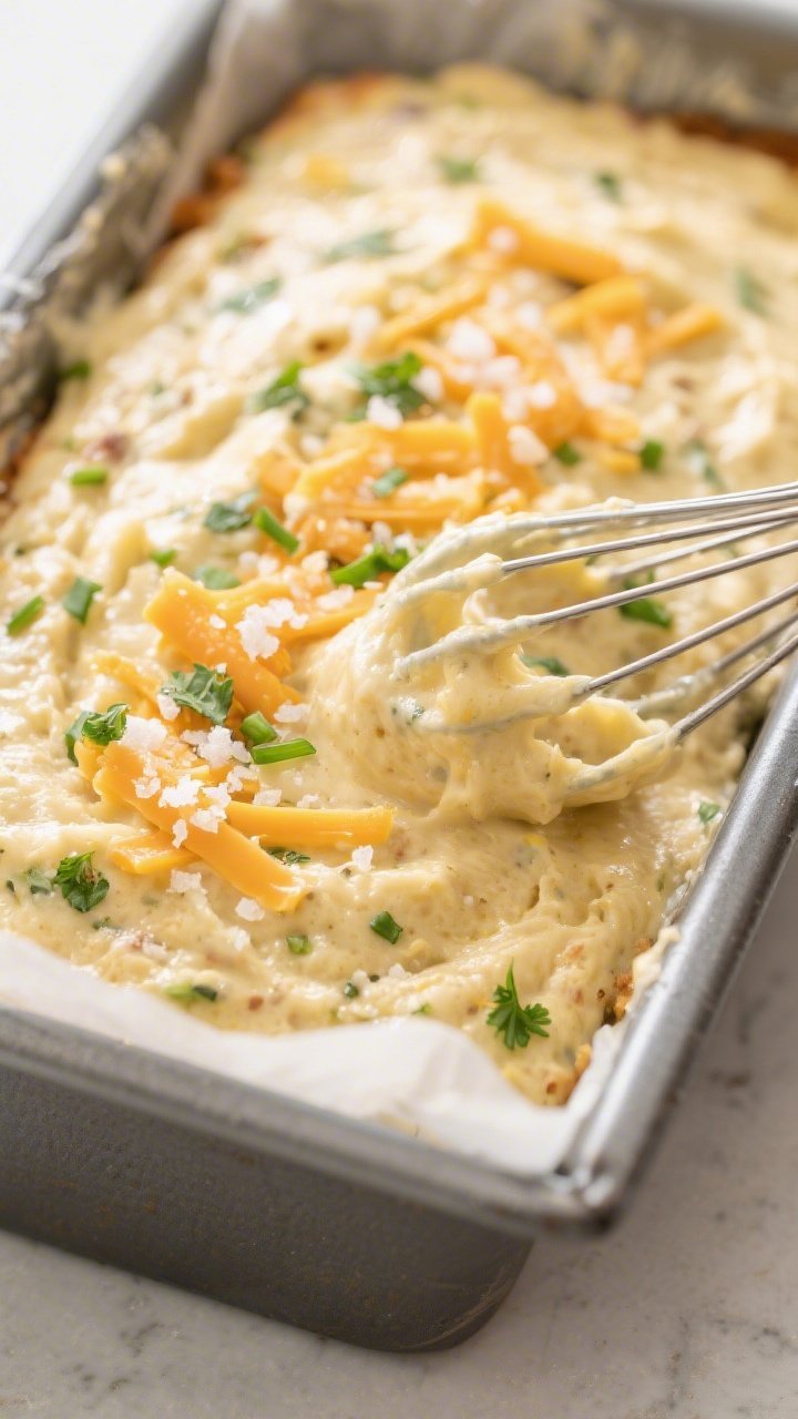 Cooking process, close-up detail: Close-up of the thick, lumpy savory quick bread batter being smoot