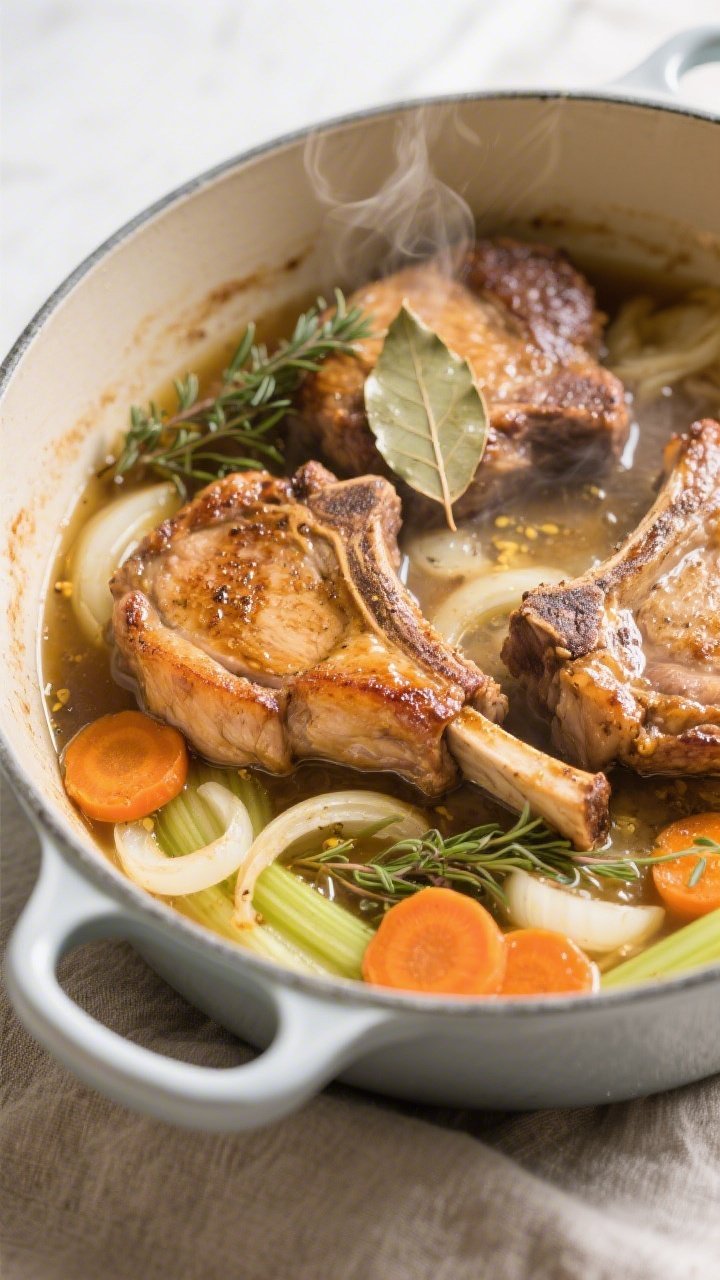 Cooking process, close-up detail: Dutch oven braised pork chops mid-braise, overhead three-quarter a