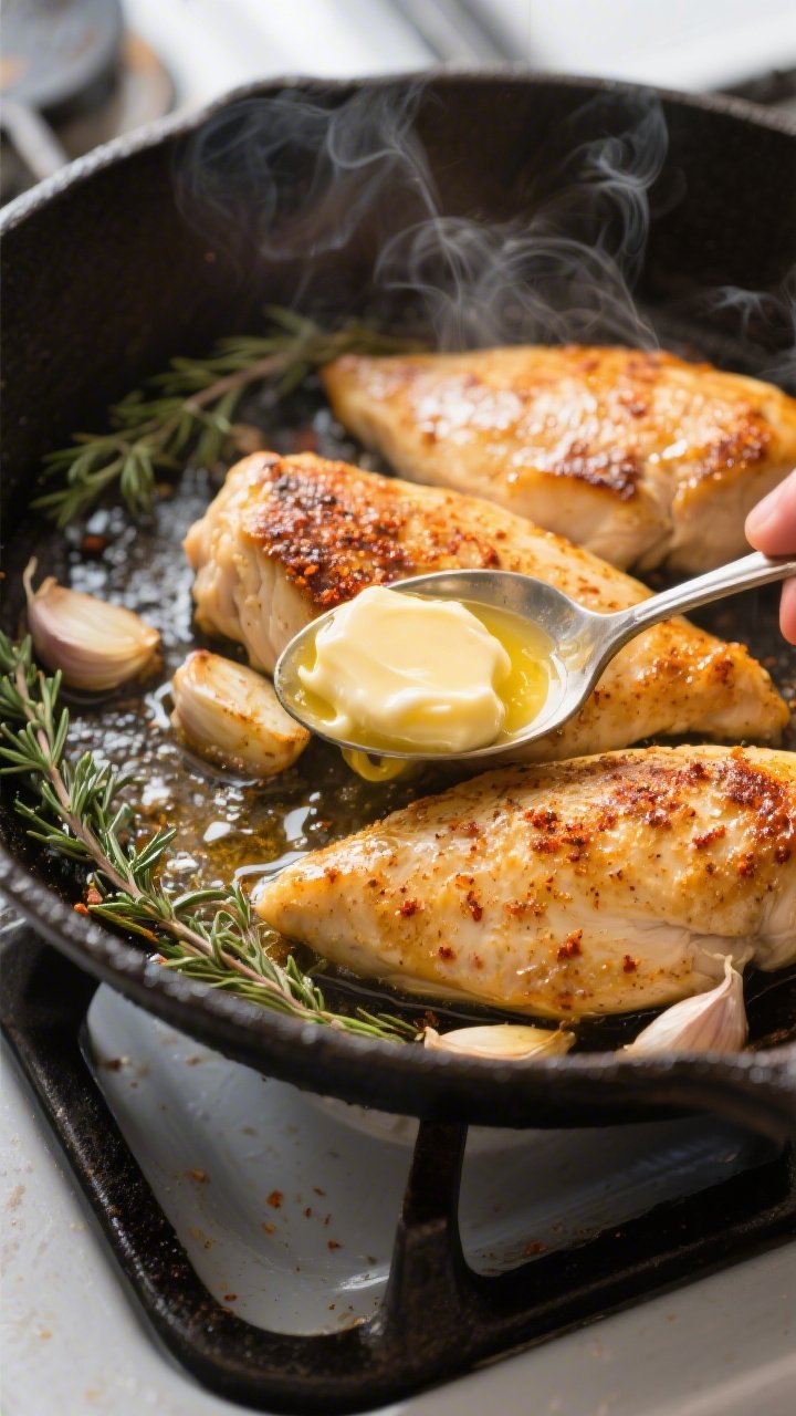Cooking process, close-up detail: Golden-crusted pan-seared chicken breasts sizzling in a cast-iron 