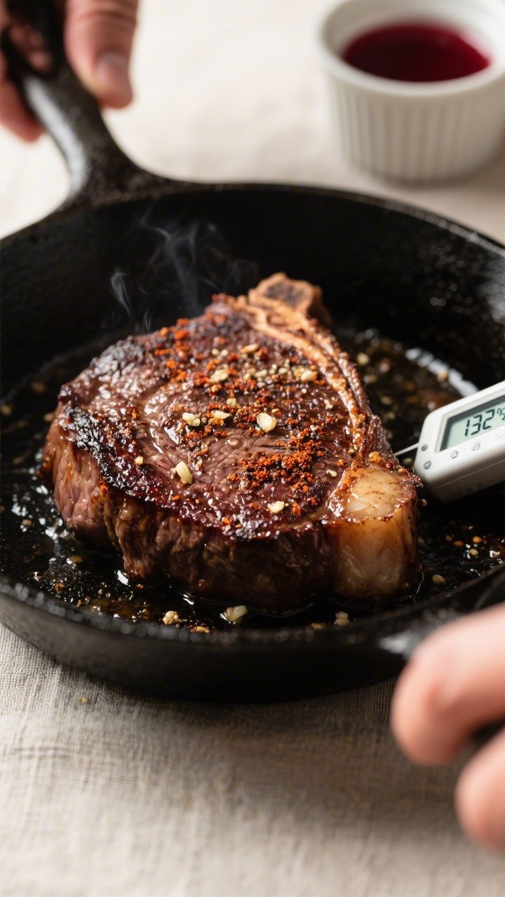Cooking process, close-up detail: Medium-rare steak just lifted from a hot cast-iron skillet, showin